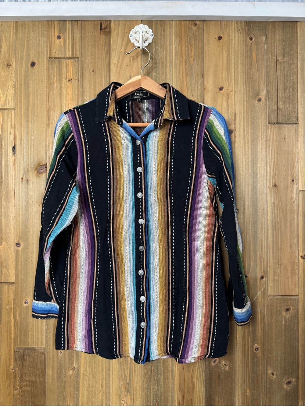 Lucky & Blessed Women's Black Stripe Multicolor Button Down - Small